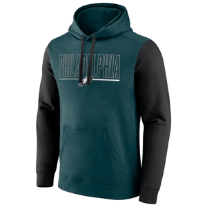 Philadelphia Eagles two-tone hoodie with \“PHILADELPHIA\“ text and team logo on the front, featuring a teal body and black sleeves.
