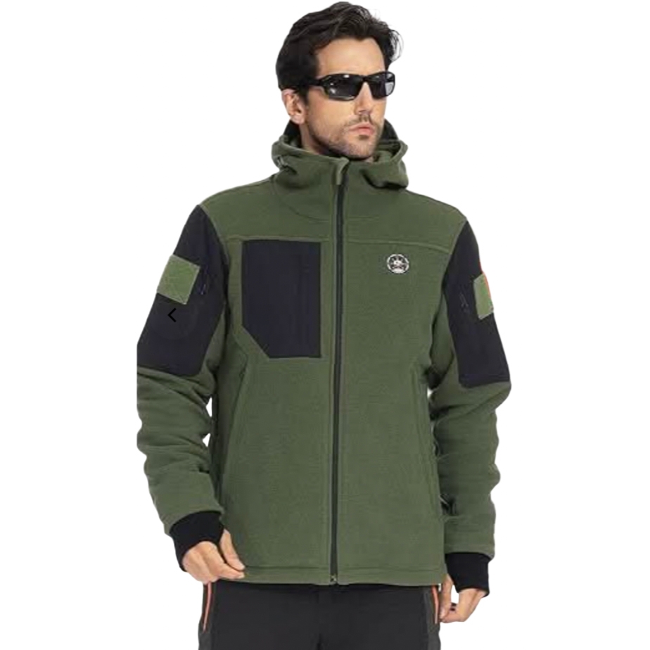 A green and black fleece jacket with a front zipper, featuring patches on the sleeves and chest, and a logo on the right chest area. The wearer is accessorized with sunglasses.