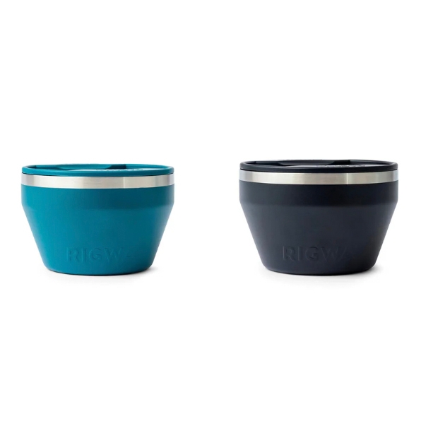 A 2-pack of 20oz Rigwa insulated bowls, featuring a teal and a dark gray bowl. Each bowl includes a stainless steel rim and is designed for maintaining the temperature of contents.