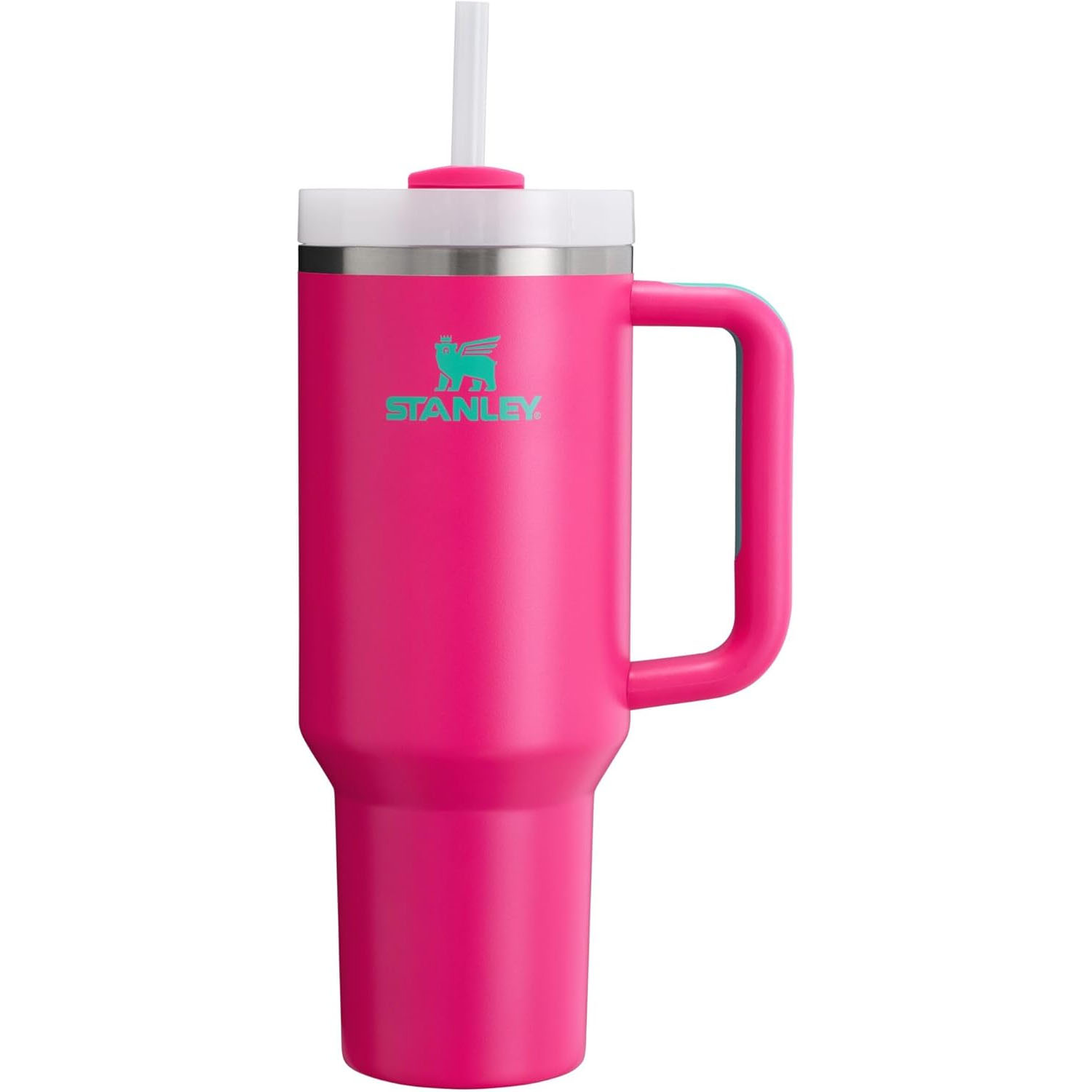 A pink Stanley tumbler with a handle and a straw, featuring a logo, likely designed for beverages.