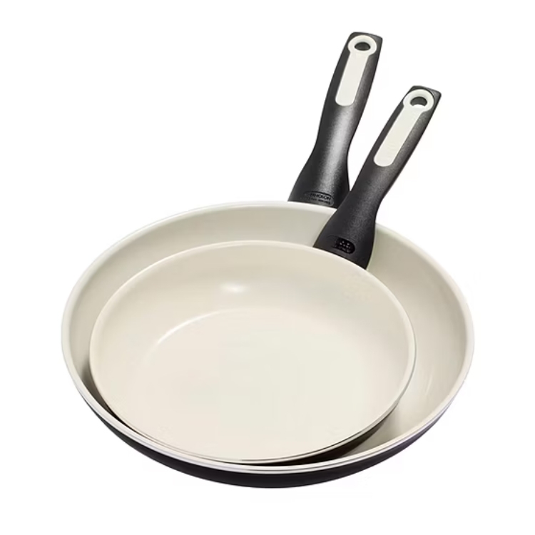The GreenPan 2pc Ceramic Frypan Set features two frying pans with ceramic non-stick coating and black handles, ideal for various cooking needs.