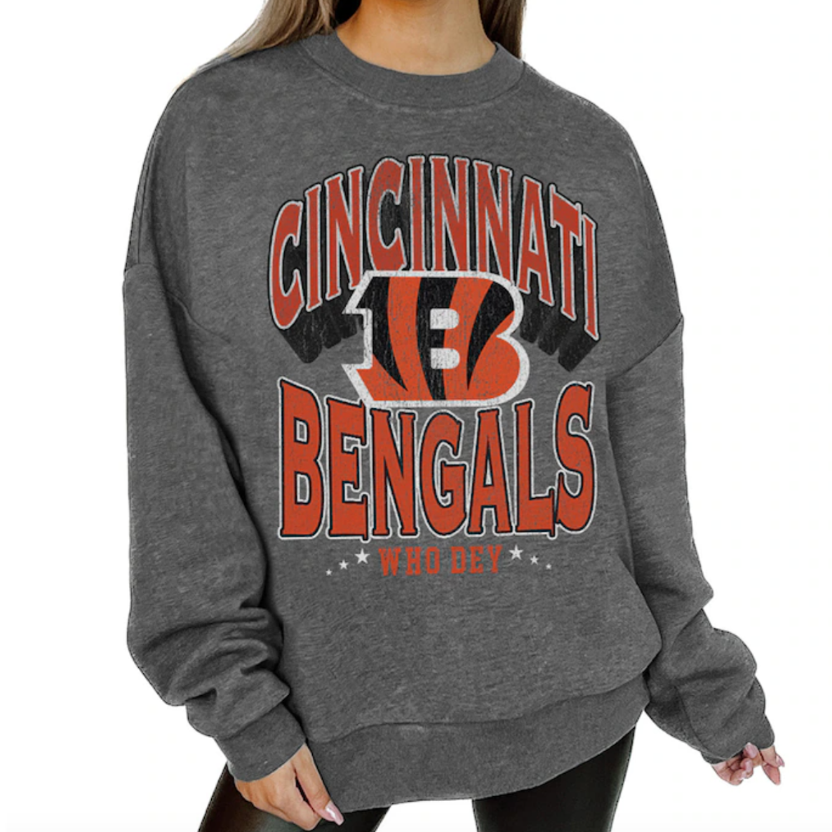 A gray Cincinnati Bengals sweatshirt features the team's \“B\“ logo and \“WHO DEY\“ slogan in orange and black lettering.