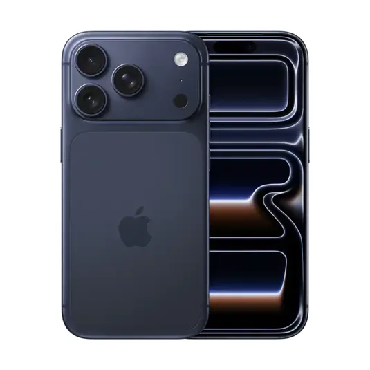 A dark blue smartphone with a triple camera system and a sleek design. The screen features curved edges and a dynamic display.