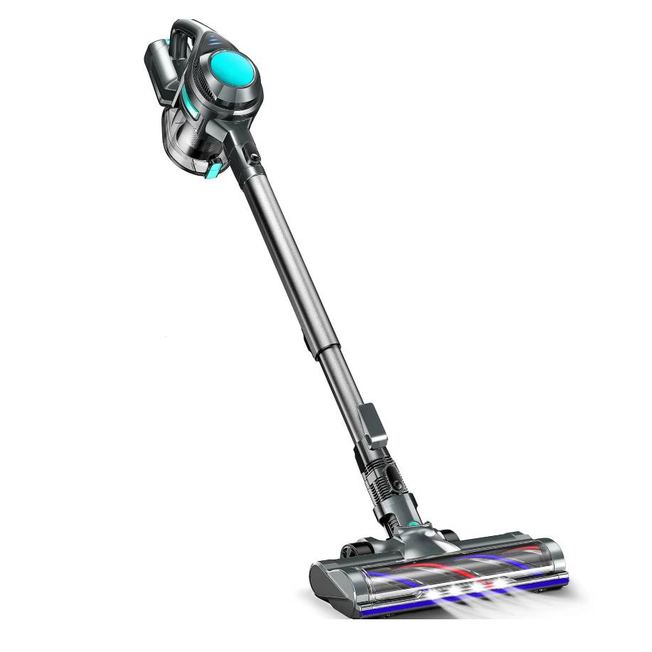 A sleek cordless stick vacuum with a silver and teal design, featuring a motorized brush head with LED lights for enhanced visibility during cleaning.
