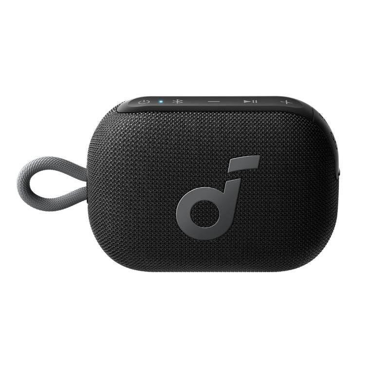 A compact, portable Bluetooth speaker with a fabric exterior, featuring a strap for easy carrying. It has control buttons on top, including power, volume, and play/pause options, and displays a lowercase \“d\“ logo.