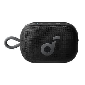 A compact, portable Bluetooth speaker with a fabric exterior, featuring a strap for easy carrying. It has control buttons on top, including power, volume, and play/pause options, and displays a lowercase \“d\“ logo.