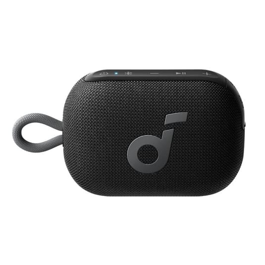 A compact, portable Bluetooth speaker with a fabric exterior, featuring a strap for easy carrying. It has control buttons on top, including power, volume, and play/pause options, and displays a lowercase \“d\“ logo.