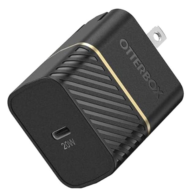 A black OtterBox 20W USB-C wall charger with ribbed design and gold accents.