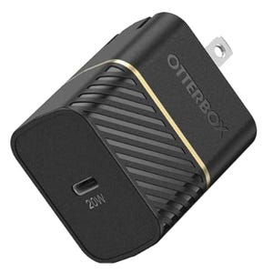 A black OtterBox 20W USB-C wall charger with ribbed design and gold accents.