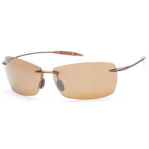 Rimless sunglasses with rectangular brown lenses and thin metal arms, featuring a minimalist design.