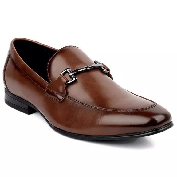 Brown leather loafer with a sleek design and metal bit detail on the vamp, featuring a low heel and rounded toe.