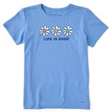 Light blue T-shirt featuring three daisy graphics with colored centers and the text \“Life is Good\“ beneath them.