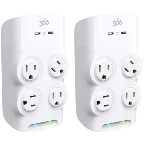 Two white electrical outlet adapters each with four plug sockets and two USB-C ports.