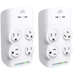 Two white electrical outlet adapters each with four plug sockets and two USB-C ports.