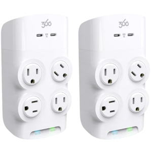 Two white electrical outlet adapters each with four plug sockets and two USB-C ports.