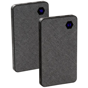 Two fabric-textured power banks with digital displays showing battery percentages.