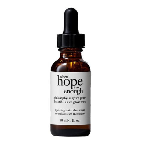 A brown dropper bottle labeled \“when hope is not enough,\“ featuring a hydrating antioxidant serum by Philosophy, 30 ml/1 fl. oz.