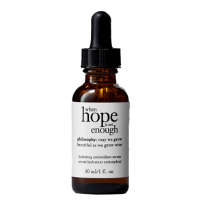 A brown dropper bottle labeled \“when hope is not enough,\“ featuring a hydrating antioxidant serum by Philosophy, 30 ml/1 fl. oz.