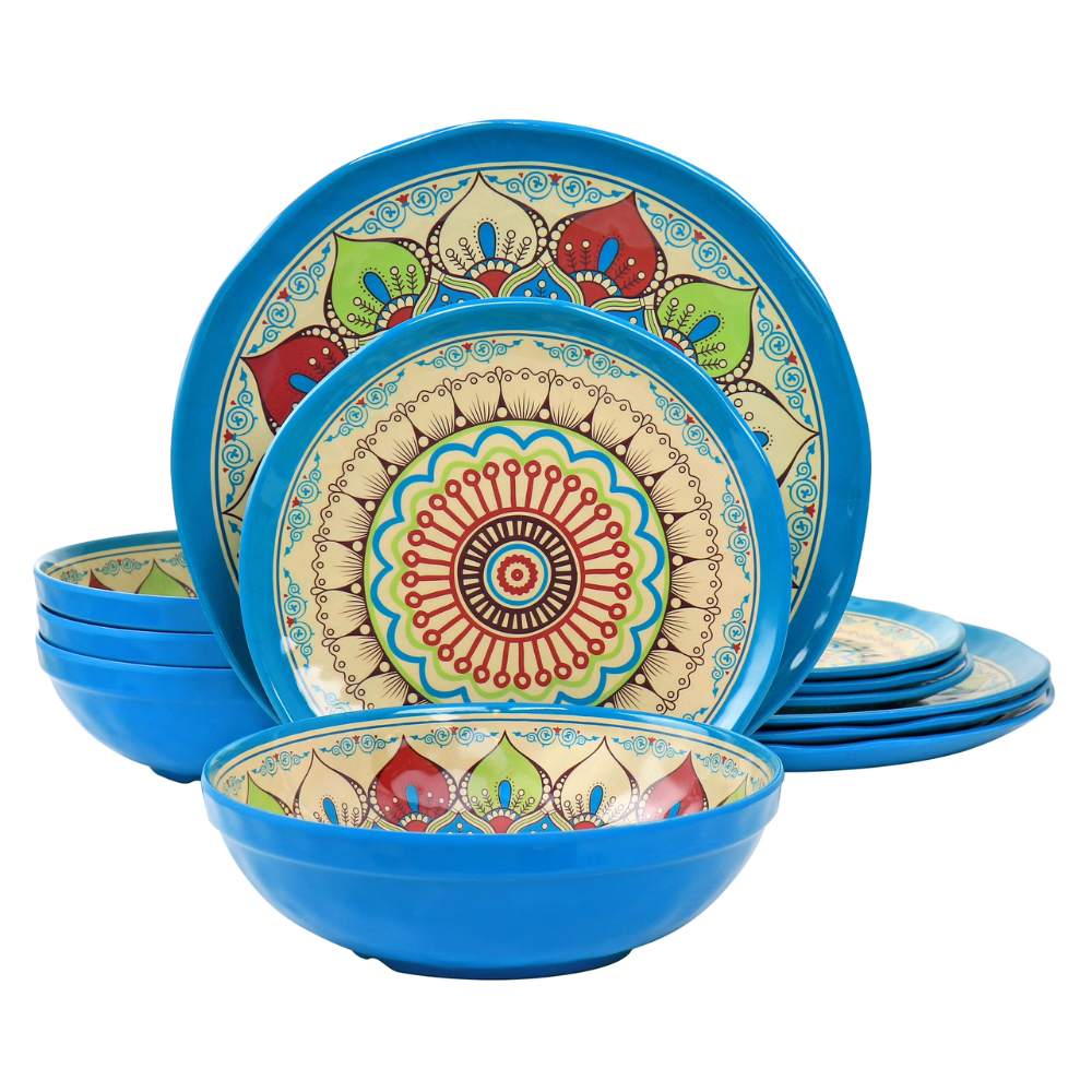 A set of plates and bowls with vibrant blue exteriors and colorful, decorative patterns on the interiors, featuring intricate designs with red, green, and blue accents.