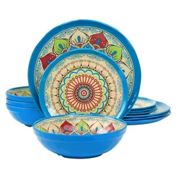 A set of plates and bowls with vibrant blue exteriors and colorful, decorative patterns on the interiors, featuring intricate designs with red, green, and blue accents.