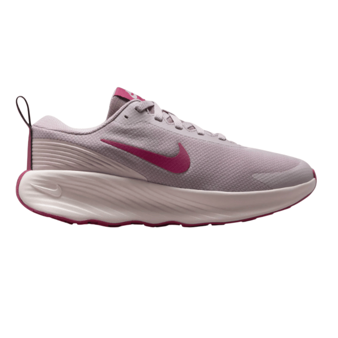 A pink and lavender Nike running shoe featuring a textured upper, prominent swoosh logo, and a cushioned sole.