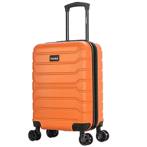 An orange carry-on suitcase with four spinner wheels, a telescopic handle, and a ribbed exterior design.