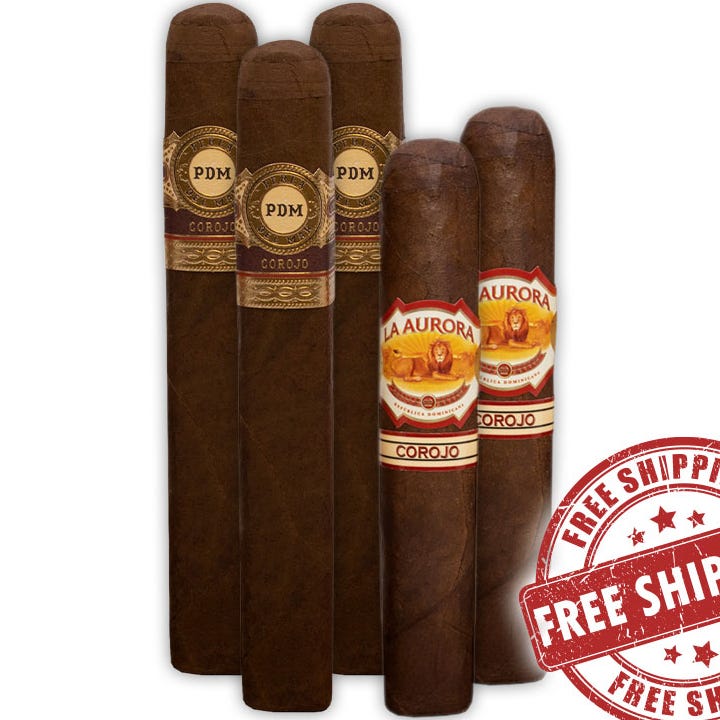 Five cigars with PDM and La Aurora Corojo labels, featuring a \“Free Shipping\“ stamp.