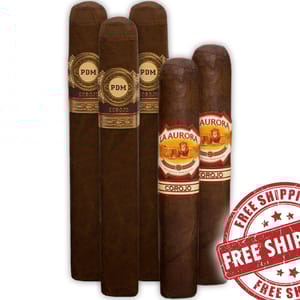 Five cigars with PDM and La Aurora Corojo labels, featuring a \“Free Shipping\“ stamp.