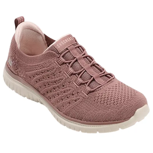 A pink Skechers slip-on sneaker with a knit upper, elastic laces, and a light-colored rubber sole, designed for comfort and casual wear.