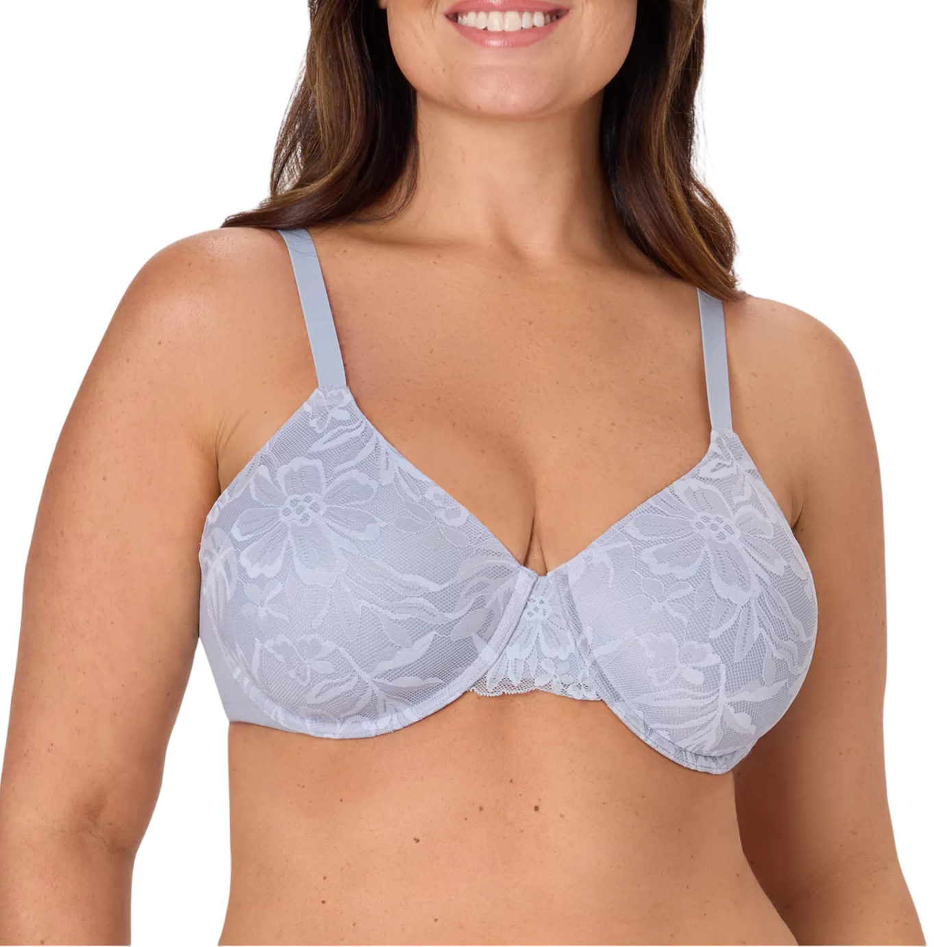 Light blue lace underwire bra with adjustable straps, featuring a floral design.