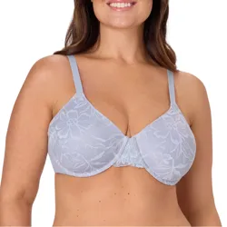 Light blue lace underwire bra with adjustable straps, featuring a floral design.