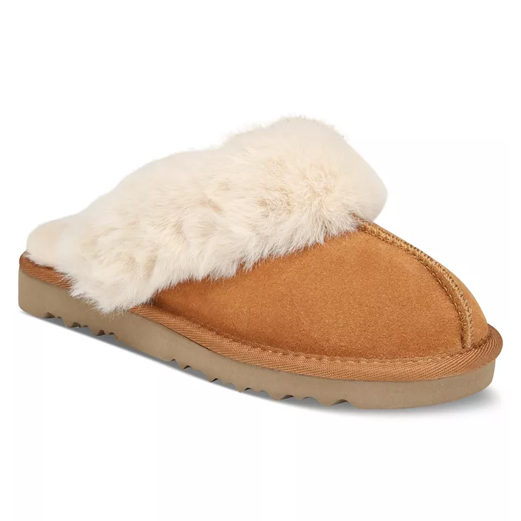 Tan suede slippers with fluffy white faux fur lining and a ridged rubber sole.
