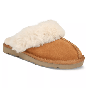 Tan suede slippers with fluffy white faux fur lining and a ridged rubber sole.