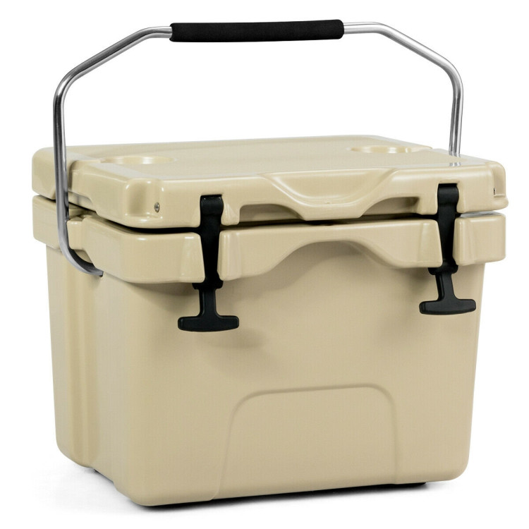 A beige cooler with a sturdy metal handle and black latches designed for secure closure.