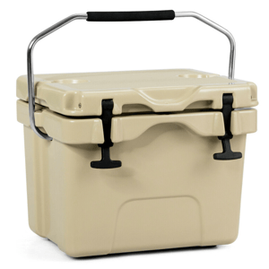 A beige cooler with a sturdy metal handle and black latches designed for secure closure.