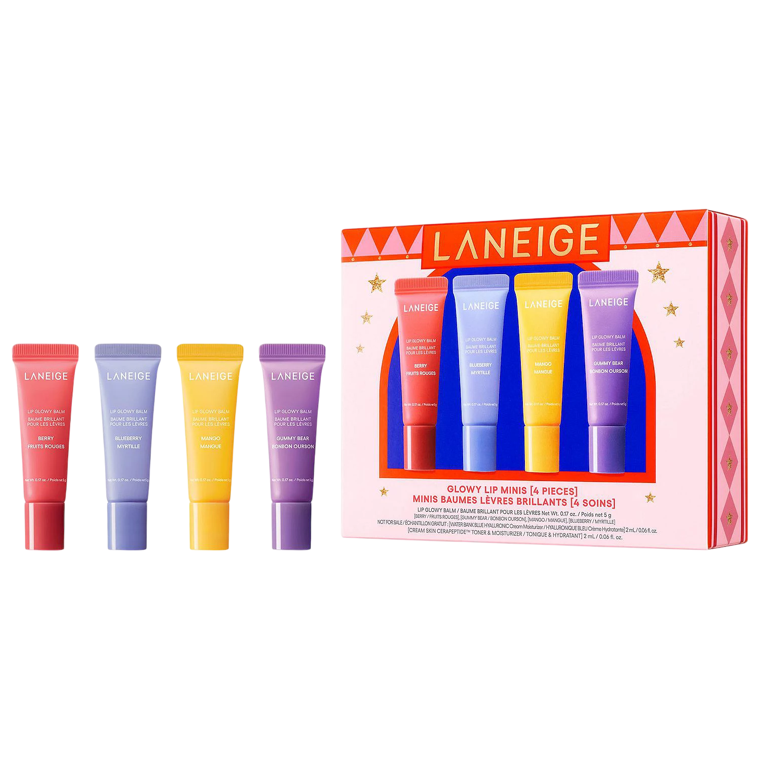 Laneige Glowy Lip Balm Minis set includes 4 flavors: Berry, Blueberry, Mango, and Gummy Bear. Each tube features vibrant colors and the branding highlights moisturizing benefits.