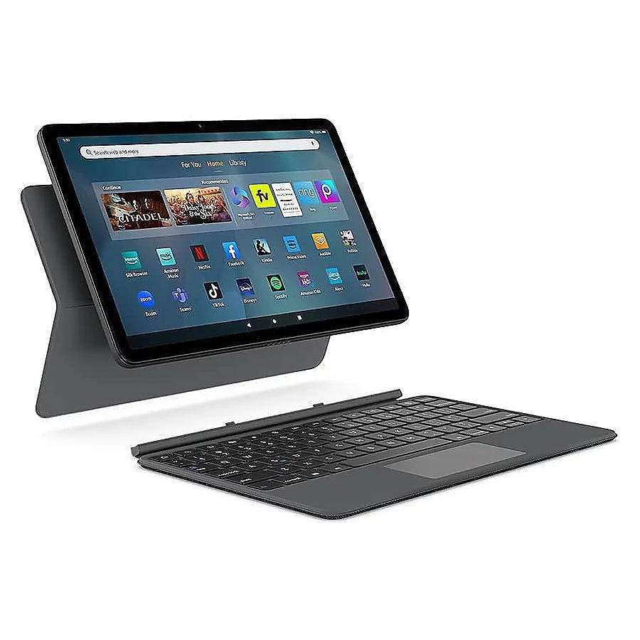 A tablet with a detachable keyboard case is displayed, showing a home screen with various app icons.