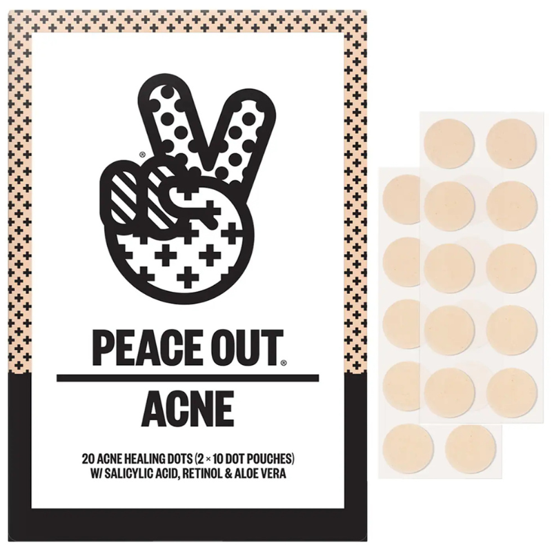 Peace Out Acne Dots are acne healing patches containing salicylic acid, retinol, and aloe vera, designed to treat blemishes. The pack includes 20 dots with a 15% discount offer.