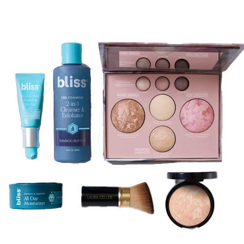 Bliss skincare items including a Hydrating Eye Gel, 2-in-1 Cleanser & Exfoliator, All-Day Moisturizer, and Laura Geller makeup with a palette and a press powder, accompanied by a makeup brush.
