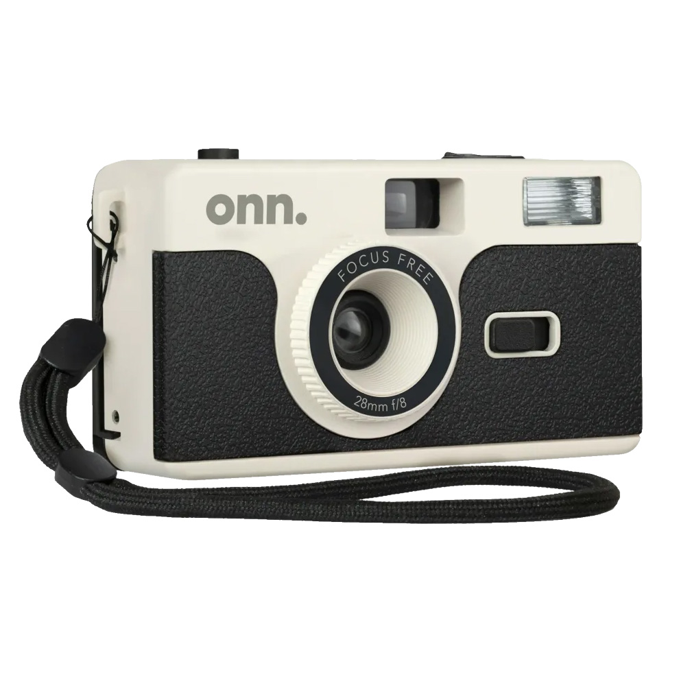 A beige and black Onn focus-free film camera with a 28mm f/8 lens and built-in flash, featuring a wrist strap for portability.