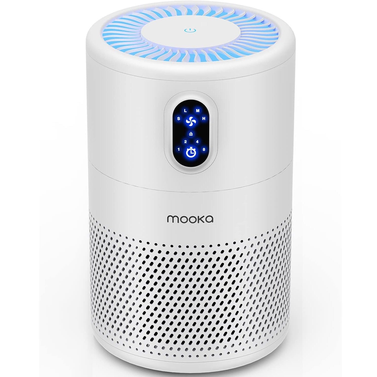 White cylindrical air purifier with a digital touch interface on the front and a perforated design.