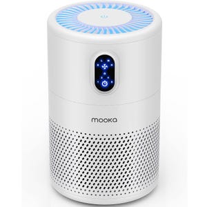 White cylindrical air purifier with a digital touch interface on the front and a perforated design.