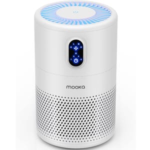 White cylindrical air purifier with a digital touch interface on the front and a perforated design.