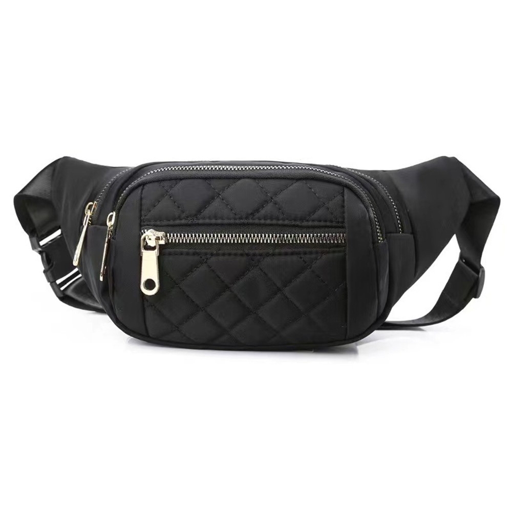 Quilted black waist bag with adjustable strap and multiple zippered compartments, featuring gold-tone zippers.