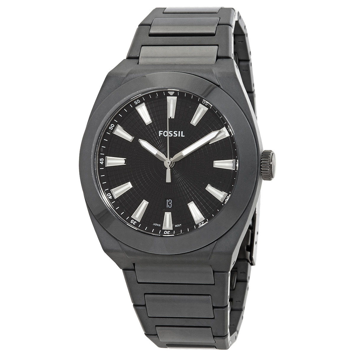 A black Fossil Men's Everett Quartz watch with a matte finish featuring silver-tone hour markers and hands, a date display at the 6 o'clock position, and a black metal bracelet strap.