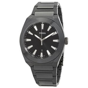 A black Fossil Men's Everett Quartz watch with a matte finish featuring silver-tone hour markers and hands, a date display at the 6 o'clock position, and a black metal bracelet strap.