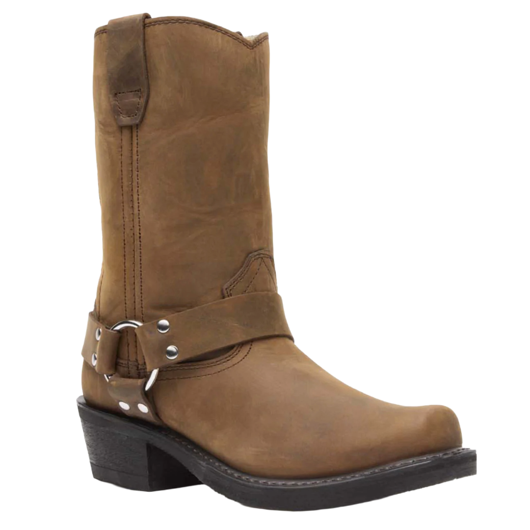Brown leather harness boot with a low heel and decorative metal hardware, featuring a classic western style.