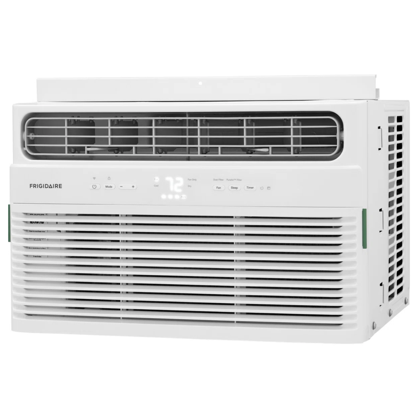 Frigidaire window air conditioner with digital display, air vents, and control buttons for mode, fan, sleep, and timer settings.