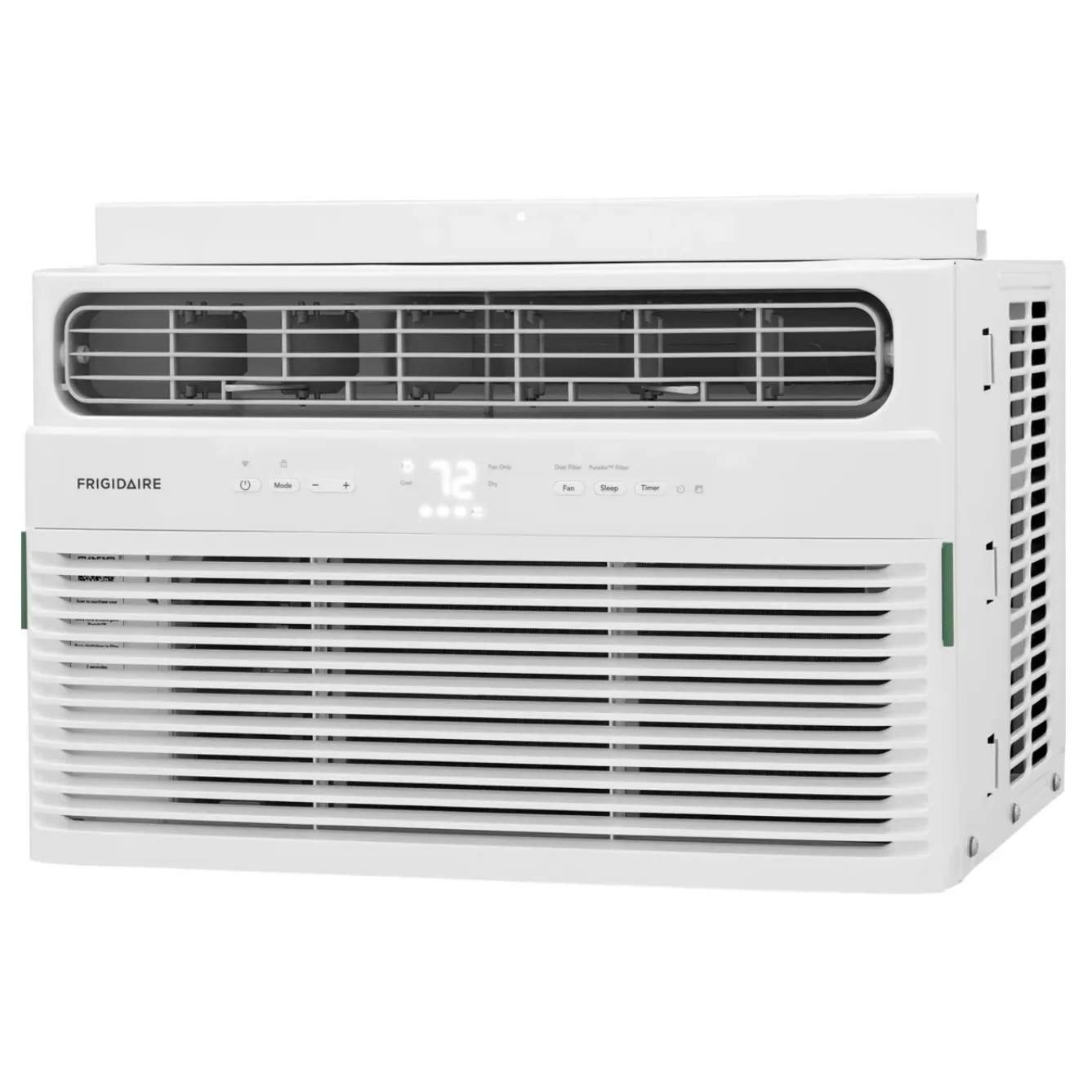Frigidaire window air conditioner with digital display, air vents, and control buttons for mode, fan, sleep, and timer settings.
