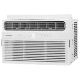 Frigidaire window air conditioner with digital display, air vents, and control buttons for mode, fan, sleep, and timer settings.